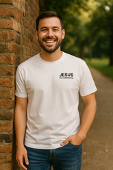 Man wearing a white t-shirt with JESUS NO COMPROMISE